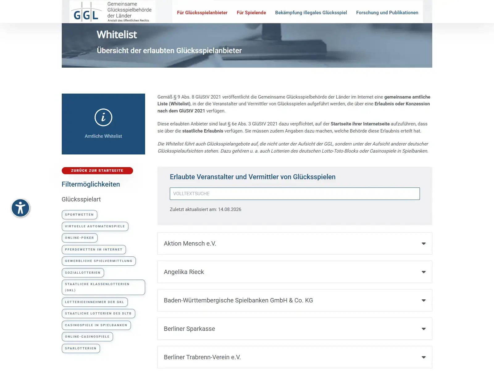 Ansicht der GGL Whitelist im Kontext von RollXO und Stable Tech